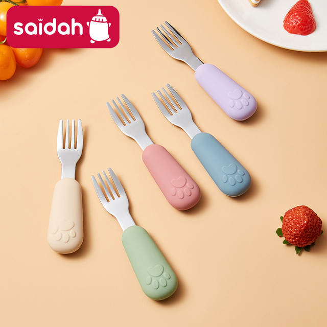 Kids Silicone Handle Spoon & Fork Set - 304 Stainless Steel Toddler Utensils (11.5cm, BPA-Free)