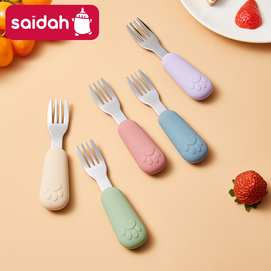 Kids Silicone Handle Spoon & Fork Set - 304 Stainless Steel Toddler Utensils (11.5cm, BPA-Free)