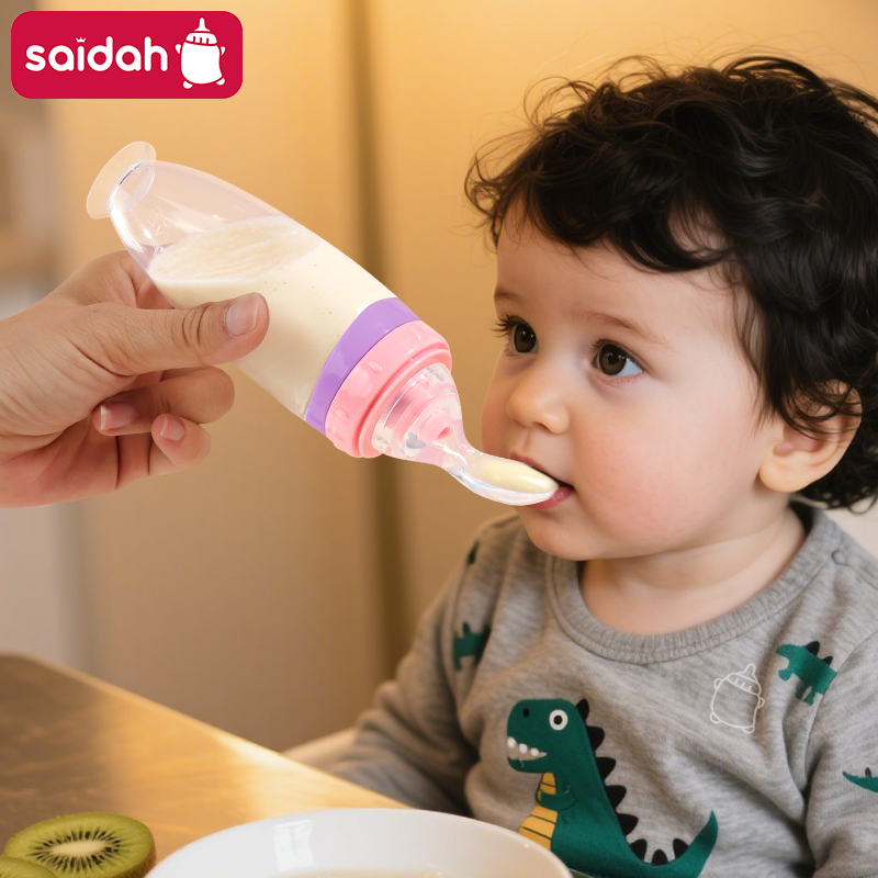 120 ml/4oz Infant Baby Liquid Silicone Food Squeeze Feeder | Fruit Puree & Rice Paste Dispenser | Detachable Spoon | Non-Slip Suction Base | Single-Hand Feeding Design