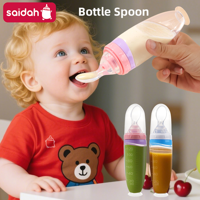120 ml/4oz Infant Baby Liquid Silicone Food Squeeze Feeder | Fruit Puree & Rice Paste Dispenser | Detachable Spoon | Non-Slip Suction Base | Single-Hand Feeding Design