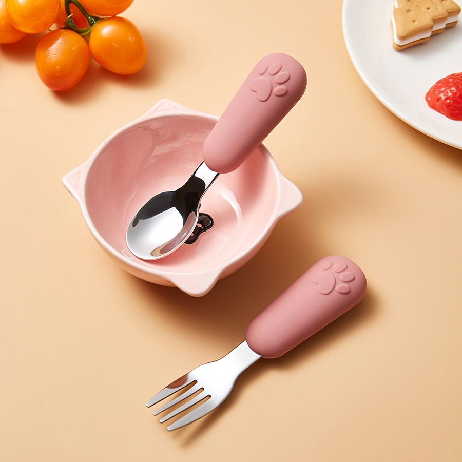 Kids Silicone Handle Spoon & Fork Set - 304 Stainless Steel Toddler Utensils (11.5cm, BPA-Free)