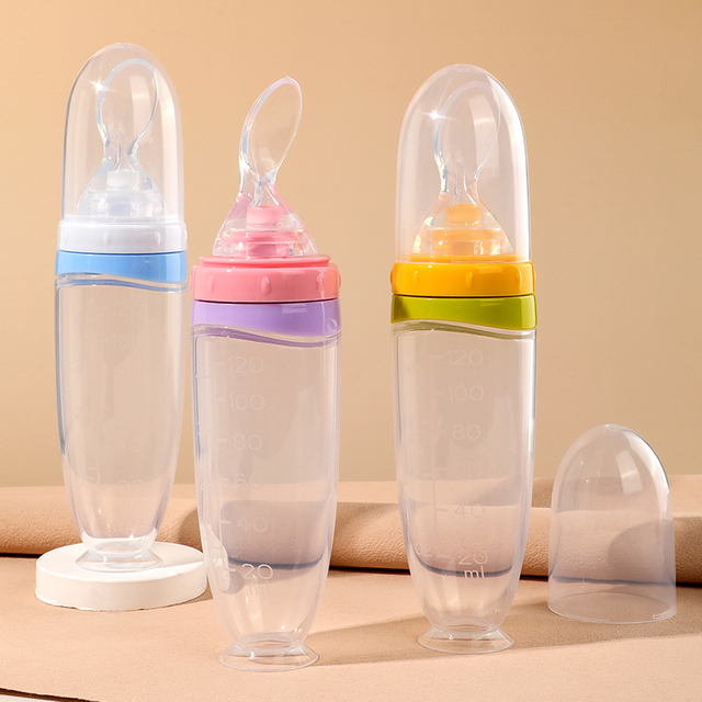 120 ml/4oz Infant Baby Liquid Silicone Food Squeeze Feeder | Fruit Puree & Rice Paste Dispenser | Detachable Spoon | Non-Slip Suction Base | Single-Hand Feeding Design